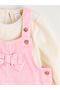 Ozmarka New Season Pink Bow Detailed Velvet Baby Girl Salopet Dress and T-Shirt - 2