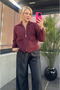 Burgundy Zippered Pocket Detailed Bearded Cardigan - 2