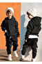 Black 3 Thread Ş Fleece-Lined K Hooded Tracksuit Set