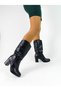 Skin Leather Black Color Thick Heeled Bellows Women's Below Knee Boots - 3