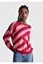 Women's Fuchsia Viscose and Wool Blend Stripe Pattern Boat Neck Sweater