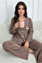 Brown Cherry Embroidered Pocket Wrinkled Long Sleeve Buttoned Knitted Pajama Set