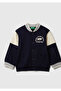 Boy's navy blue Printed contrast detailed buttoned bomber jacket