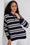 Women's Striped Polo Neck Knit Sweater 15952 - Navy Blue - 3