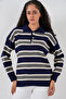 Women's Striped Polo Neck Knit Sweater 15952 - Navy Blue