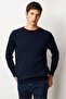 Men's Crew Neck Hair Braided Sweater Dark Blue - 4