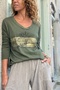 Italian Khaki V-Neck Soft Textured Leaf B Printed Cotton Blouse 70 50