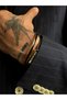 Gold Color Stainless Steel Men's Handcuff Bracelet with Black Enamel Detail in the Middle - 2