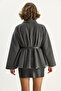 Women's Anthracite Gold Button Detailed Stand Collar Belted Poncho 60282033 - 7