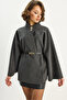 Women's Anthracite Gold Button Detailed Stand Collar Belted Poncho 60282033 - 4