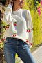 Ecru Crew Neck Washed Cherry Detailed Soft Textured Loose Sweater 60 55 - 3