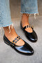 Pari Black Leather Gold Buckle Women's Ballerinas - 4