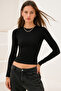 Women's Black Crew Neck Stretchy Fabric Fitted Slim Fit Long Sleeve Crop Bodysuit - 5