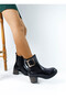 Black Leather Buckle Elastic Side Zipper Women's Thick Heeled Boots - 4