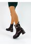 Brown Leather Buckle Elastic Side Zipper Women's Thick Heeled Boots - 3