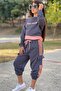 Girl's Text Detailed Crop Ribbed Knit Sleeveless Badi Detailed Cargo Pocket Piece Bottom Navy Blue Tracksuit Set - 2