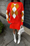 Women's Argyle Pattern Crew Neck Sweater and Pleated Mini Skirt Bottom-Top Set Orange - 7