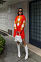Women's Argyle Pattern Crew Neck Sweater and Pleated Mini Skirt Bottom-Top Set Orange - 2