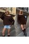 Women's Brown Madonna Collar Off Shoulder Oversized Loose Thick Knitwear Sweater Dress
