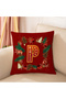 Digital Printed Throw Pillow Cover in Red and Yellow Colors with New Year Themed Letter Globe Pine Tree Pattern - 3