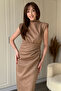 Suede Shoulder Pad Piece Front Slit Beige Midi Dress