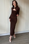 Draped Midi Brown Dress with Neck Accessory and Low-Cut Chest - 3