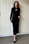 Draped Midi Black Dress with Neck Accessory and Low-Cut Chest - 2