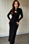 Draped Midi Black Dress with Neck Accessory and Low-Cut Chest - 5