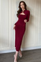 Draped Stylish Midi Burgundy Dress with Neck Accessories and Low-Cut Chest - 4