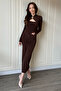 Draped Midi Brown Dress with Neck Accessory and Low-Cut Chest - 6