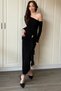 Stylish Midi Black Dress with Off-Shoulder Side Gather Detail and Accessory Detail - 8