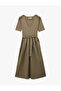 U Neck Short Sleeve Belt Detail A-Line Long Dress - 3