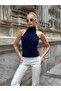 Women's Navy Blue Fisherman Halter Neck Backless Soft Textured Knit Bustier Blouse - 5