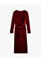 Long Velvet Dress with Drape Detail Long Sleeve Crew Neck - 5