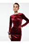 Long Velvet Dress with Drape Detail Long Sleeve Crew Neck - 3
