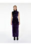 Long Sleeveless Draped Velvet Dress with Slit and Light Stand Collar