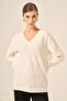 Women's Pearl Detailed Diamond Patterned V-Neck Sweater Ecru 25057 - 2