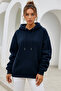 Women's Navy Blue Kangaroo Pocket Hooded Scuba Sweatshirt - 4