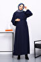Navy Blue Front Stitched Oversized Textured Long Elise - 2