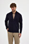 Bernat Men's Navy Blue Full Zipper Hair Braided Cotton Sweater - 5