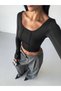 Women's Clothing Black Color Stretchy Fabric Stitching Detail Long Sleeve Lace-Up Blouse - 5