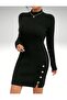 Buttoned High Neck Slit Detailed Mini Slim Fit Dress - 4