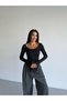 Women's Clothing Black Color Stretchy Fabric Stitching Detail Long Sleeve Lace-Up Blouse - 3