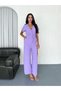 Women's Lilac V-Neck Buttoned Pocketed Belted Short Sleeve Wide Leg Palazzo Linen Fabric Jumpsuit - 2