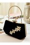 Black Color Suede Stone Pearl Detailed Handle Women's Evening Dress Bag Wedding Engagement Graduation - 6