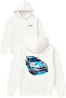 Fast Car Design Printed Oversized White Hooded Sweatshirt