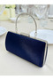 Navy Blue Satin Evening Dress Bag, Elegance with Metal Handle - 6