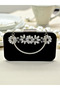 Elegant Black Suede Evening Bag |   Silver Crystal Stone Evening Clutch - 4