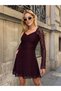 Women's Brown Long Sleeve Sweetheart Neckline Gathered Bust Lined A-Line Ruffled Lace Mini Dress - 8