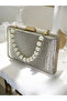 Gold Imported Crocodile Laser Glitter Patterned Pearl Detailed Evening Dress Bag - 7